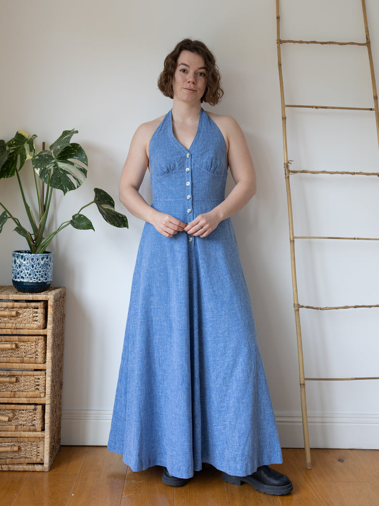 Chambray Cotton Halterneck Dress - S