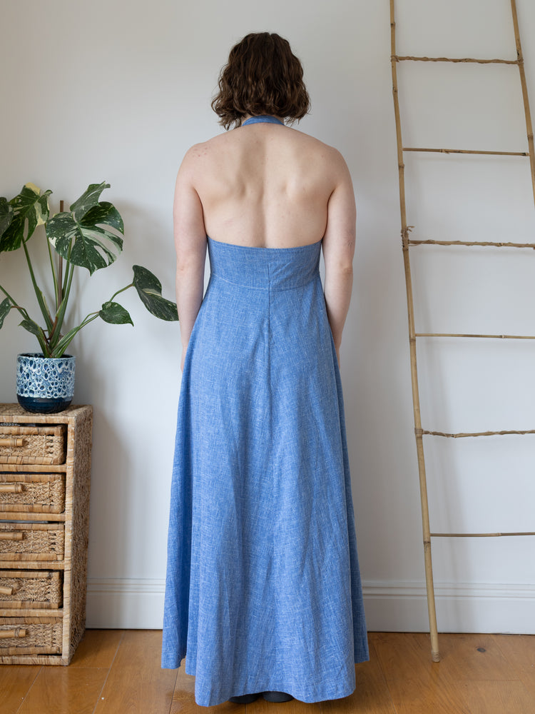 Chambray Cotton Halterneck Dress - S