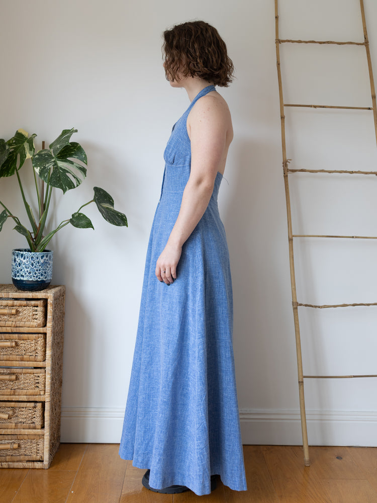 Chambray Cotton Halterneck Dress - S