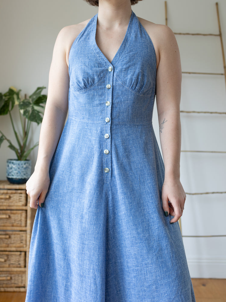 Chambray Cotton Halterneck Dress - S