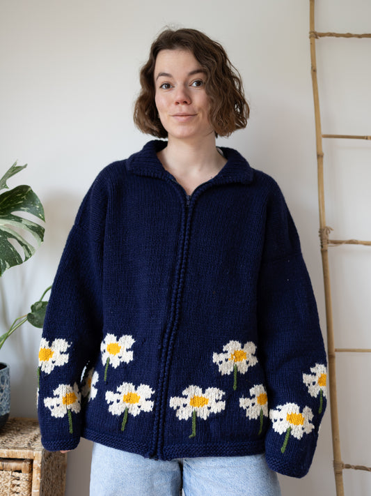Navy Daisy Wool Cardigan - XL