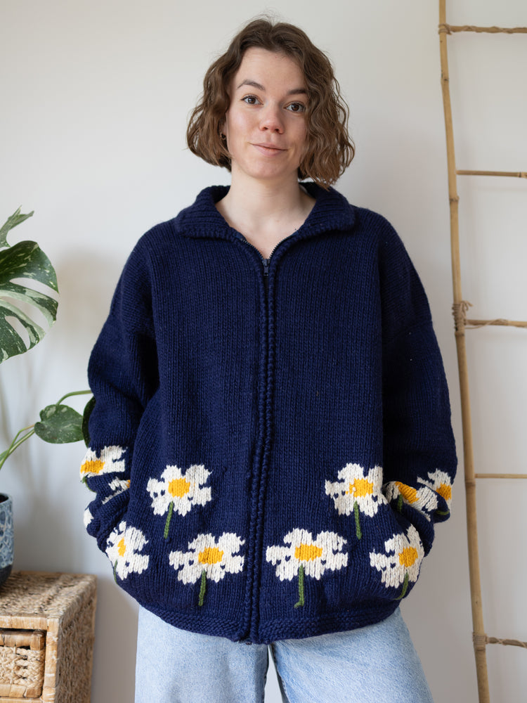 Navy Daisy Wool Cardigan - XL