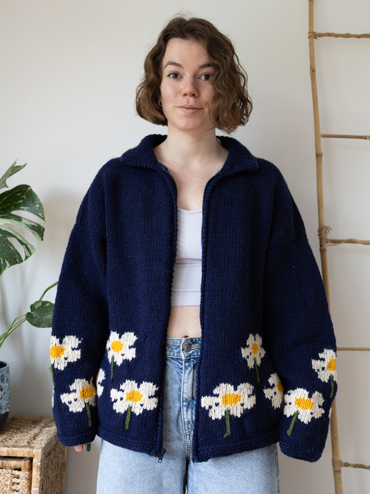 Navy Daisy Wool Cardigan - XL