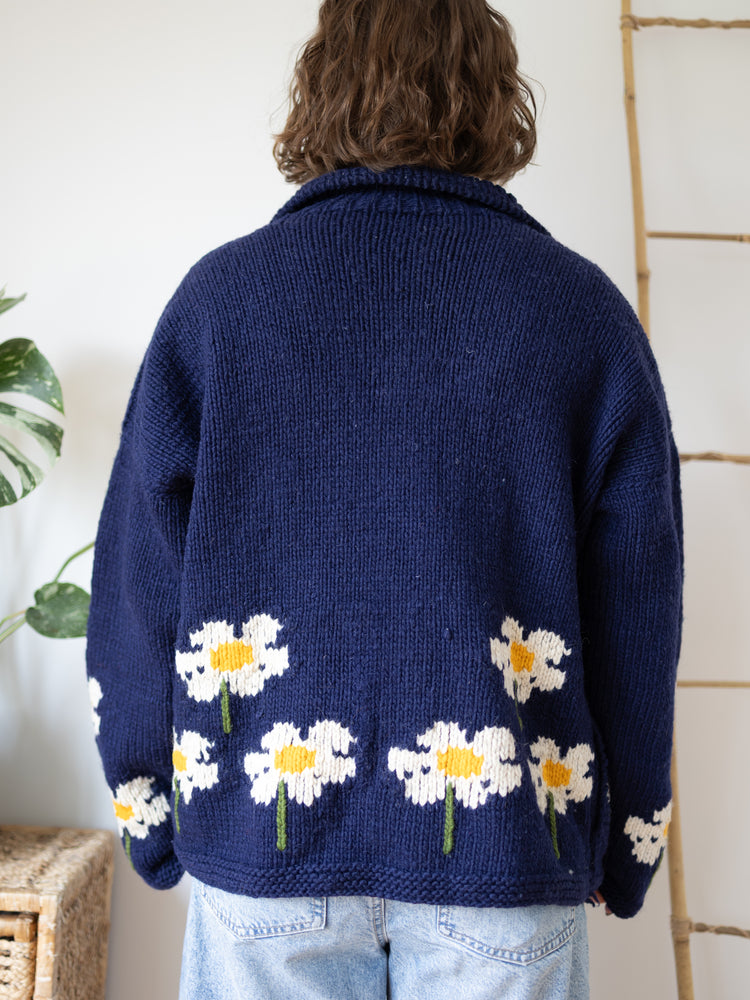 Navy Daisy Wool Cardigan - XL