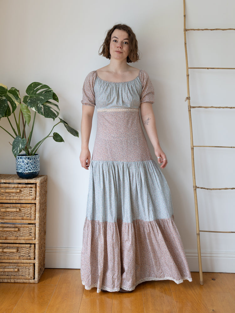 Pastel Floral Tiered Maxi Dress - M