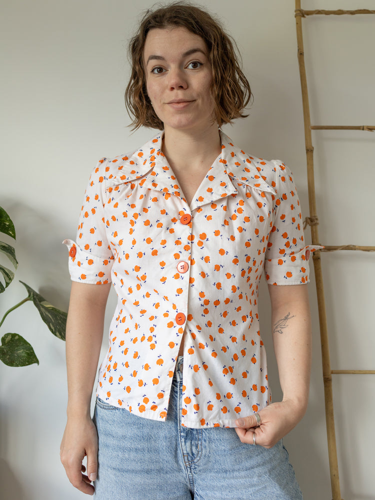 Orange Floral Oversized Collar Shirt - M