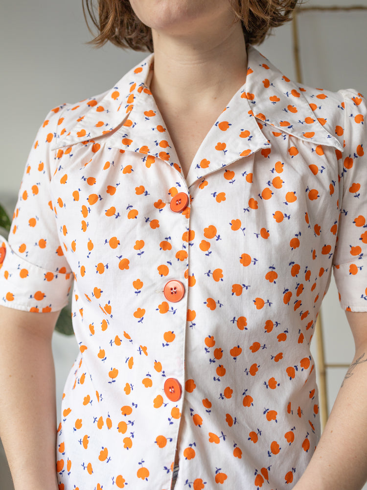 Orange Floral Oversized Collar Shirt - M