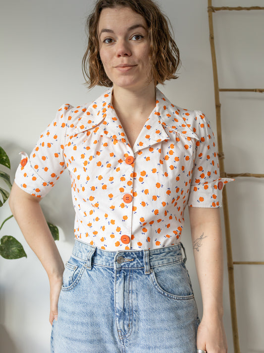 Orange Floral Oversized Collar Shirt - M