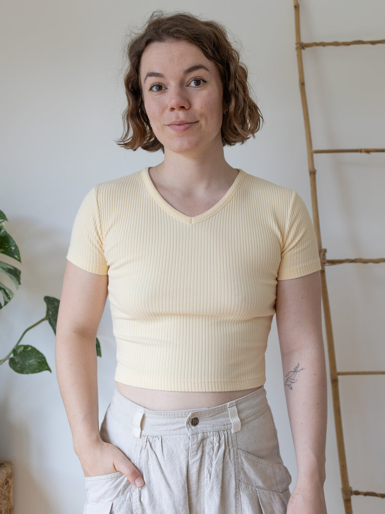 Yellow Ribbed Cropped T-Shirt - S