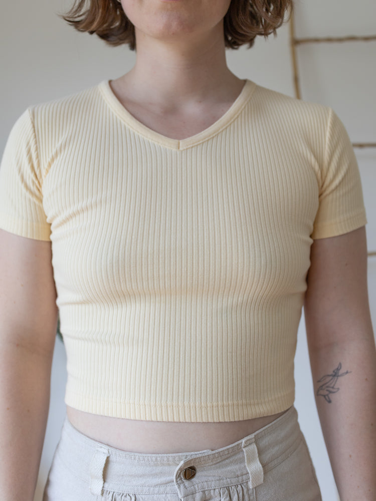 Yellow Ribbed Cropped T-Shirt - S
