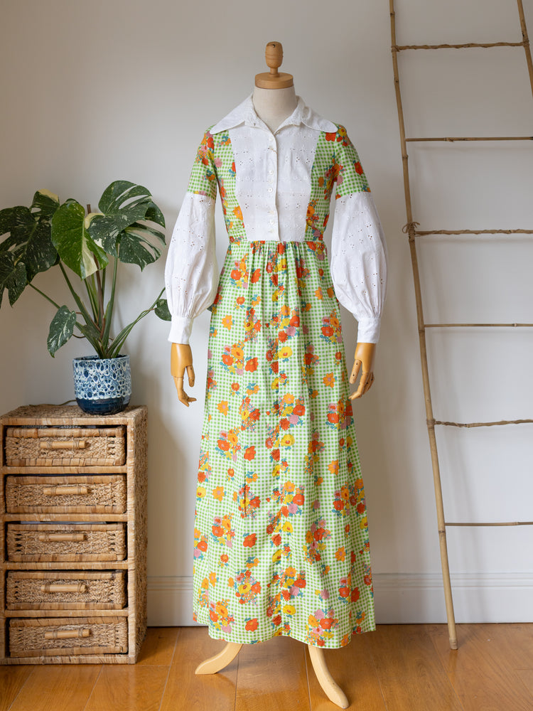 Colourful Gingham Floral Maxi Dress - XS