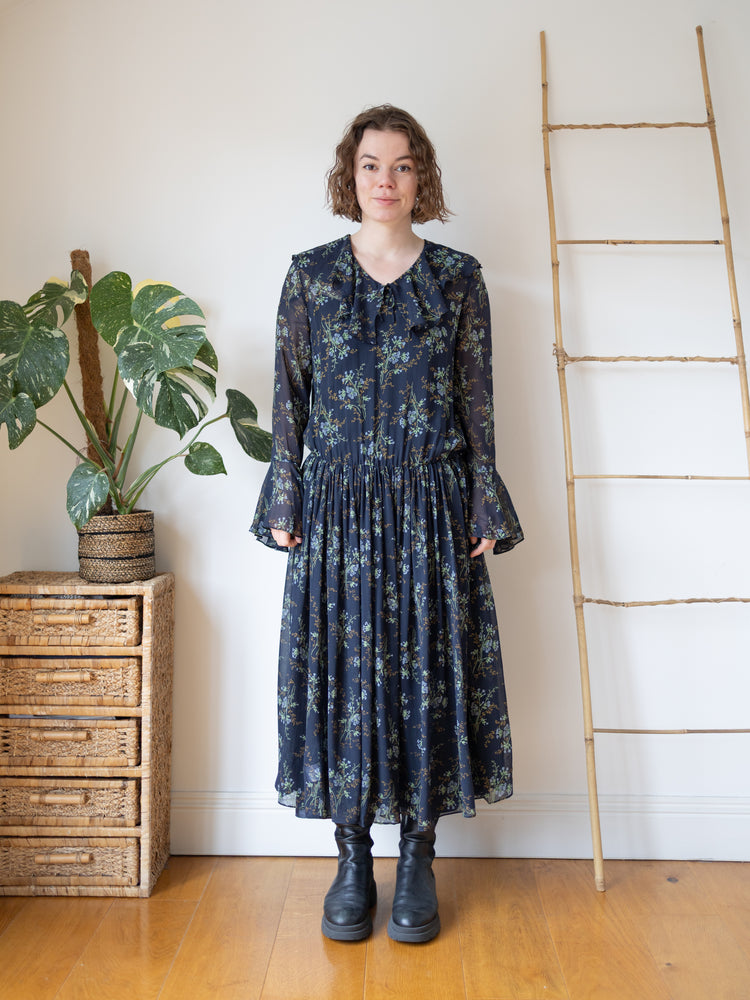 Laura Ashley Navy Floral Silk Chiffon Maxi Dress - M