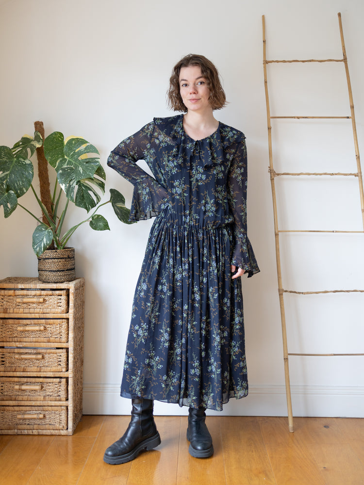 Laura Ashley Navy Floral Silk Chiffon Maxi Dress - M