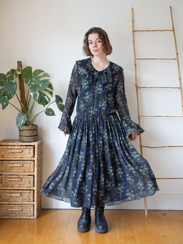 Laura Ashley Navy Floral Silk Chiffon Maxi Dress - M