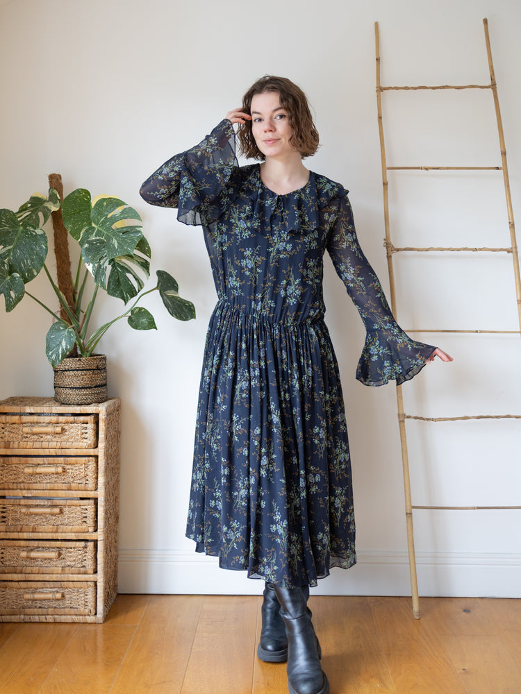 Laura Ashley Navy Floral Silk Chiffon Maxi Dress - M