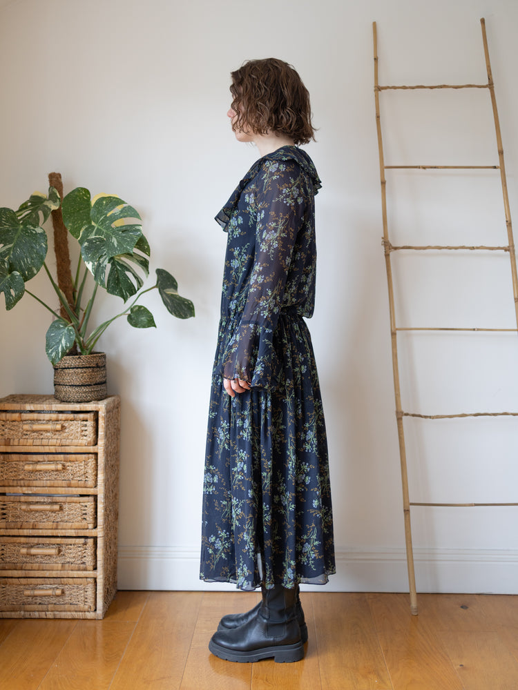 Laura Ashley Navy Floral Silk Chiffon Maxi Dress - M