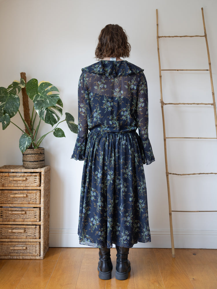 Laura Ashley Navy Floral Silk Chiffon Maxi Dress - M