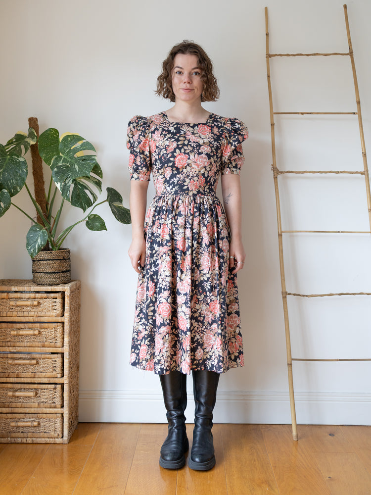Laura Ashley Navy Rose Print Midi Dress - XS