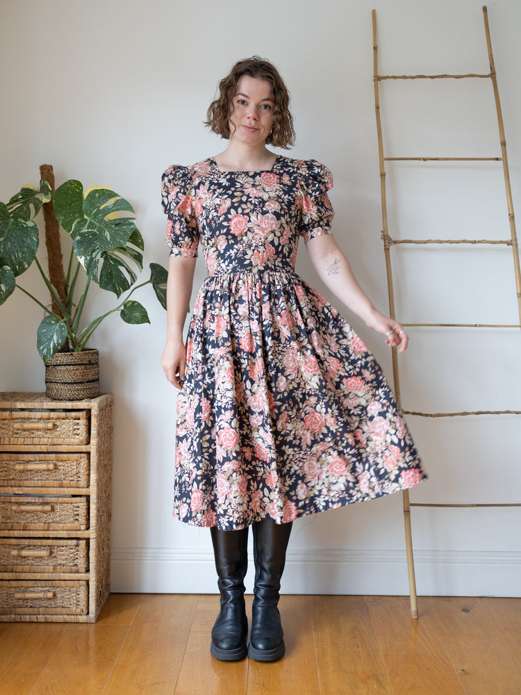 Laura Ashley Navy Rose Print Midi Dress - XS