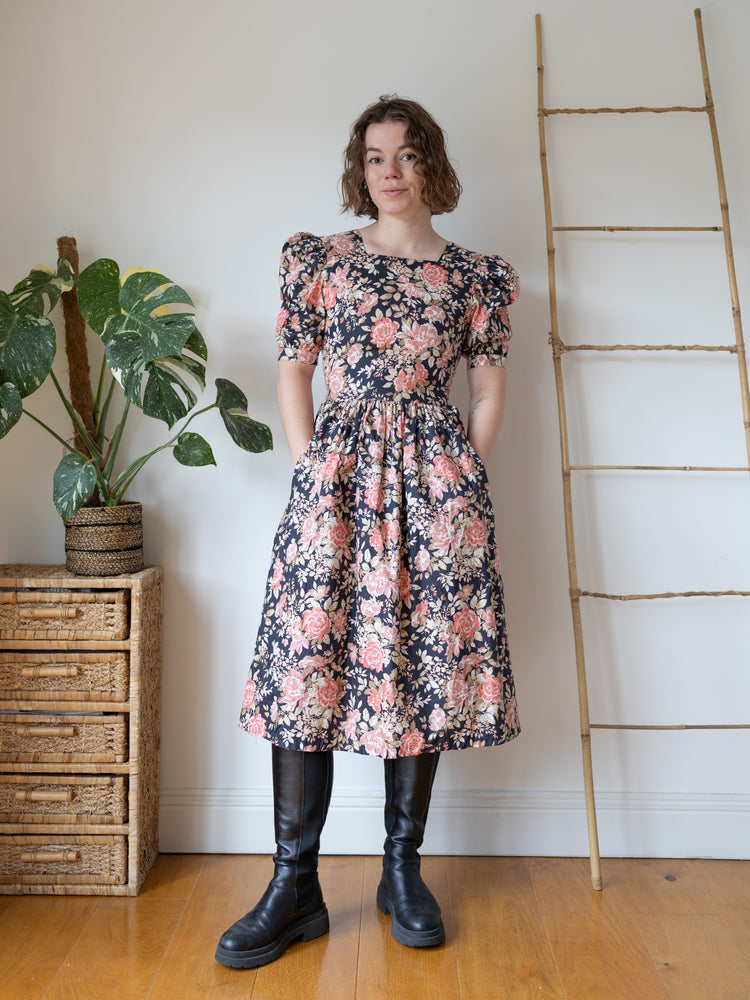 Laura Ashley Navy Rose Print Midi Dress - XS