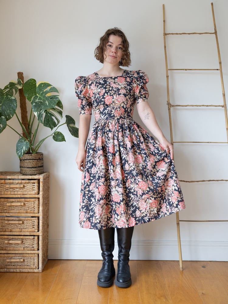 Laura Ashley Navy Rose Print Midi Dress - XS