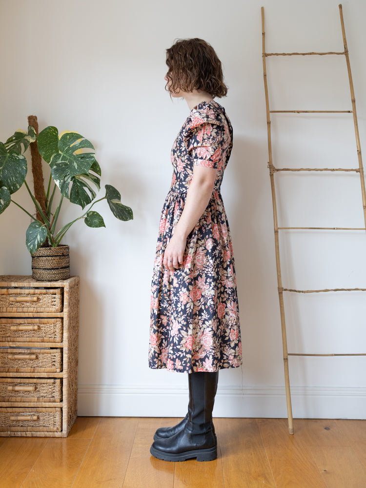 Laura Ashley Navy Rose Print Midi Dress - XS