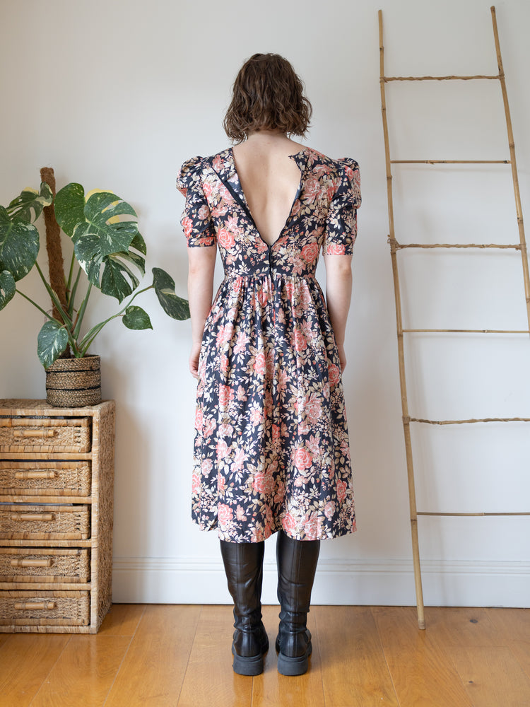 Laura Ashley Navy Rose Print Midi Dress - XS