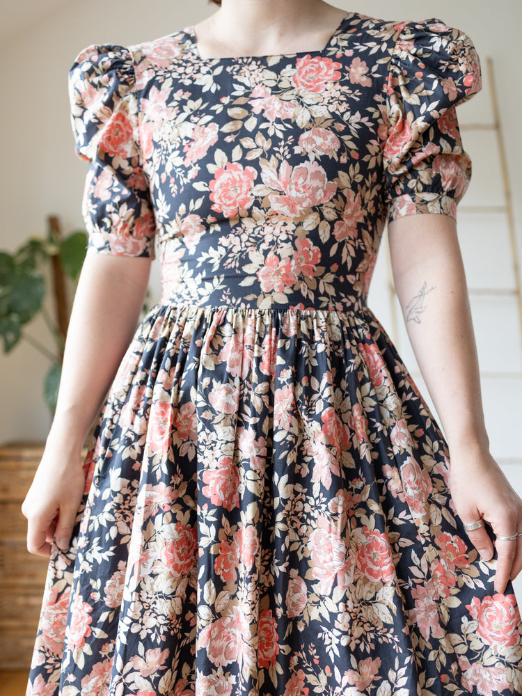 Laura Ashley Navy Rose Print Midi Dress - XS
