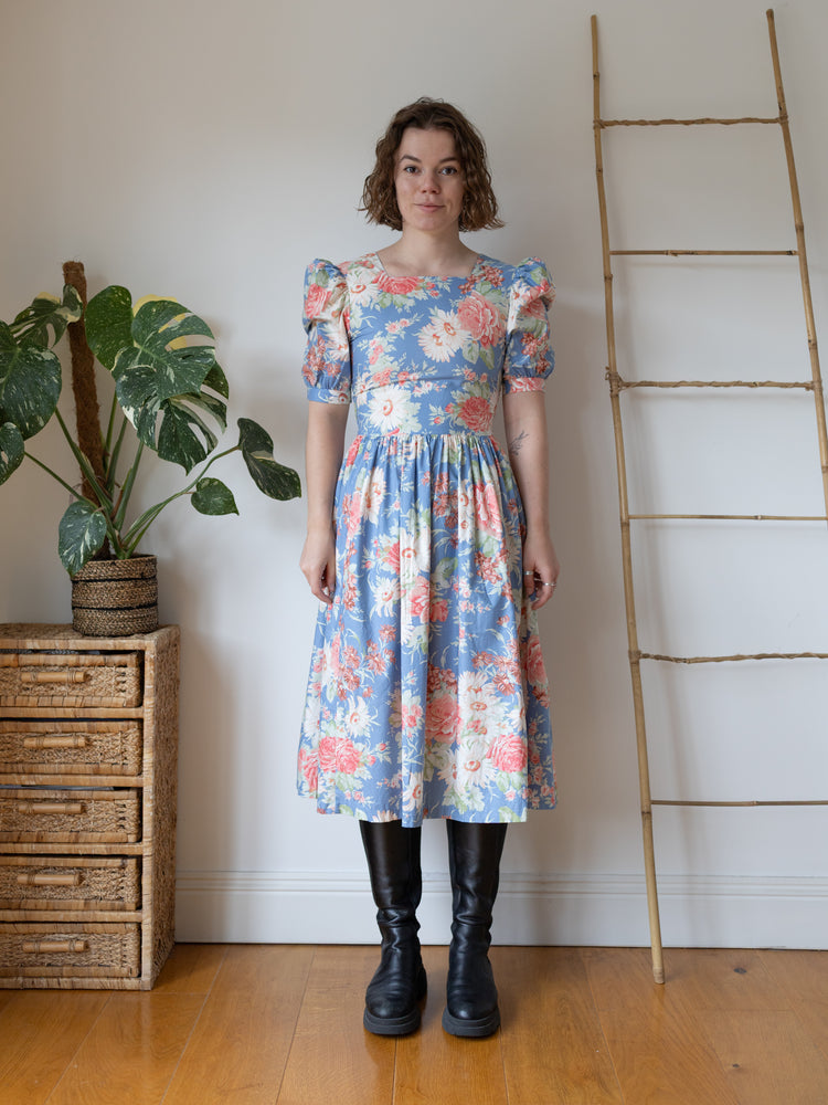Laura Ashley Blue Floral Midi Dress - S
