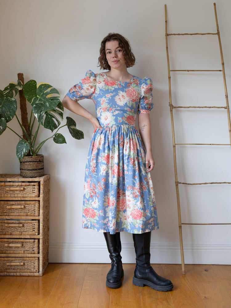 Laura Ashley Blue Floral Midi Dress - S