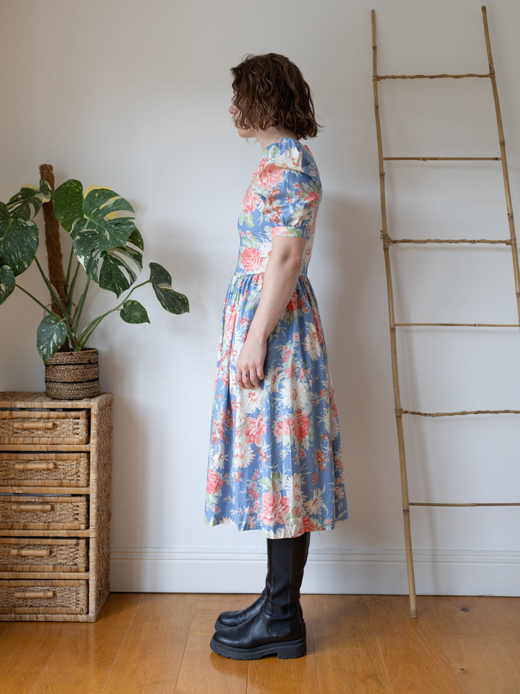 Laura Ashley Blue Floral Midi Dress - S