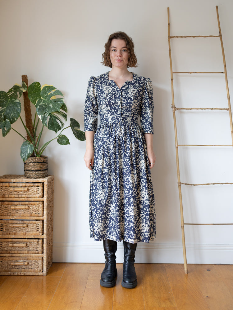 Laura Ashley Navy Floral Midi Dress - M
