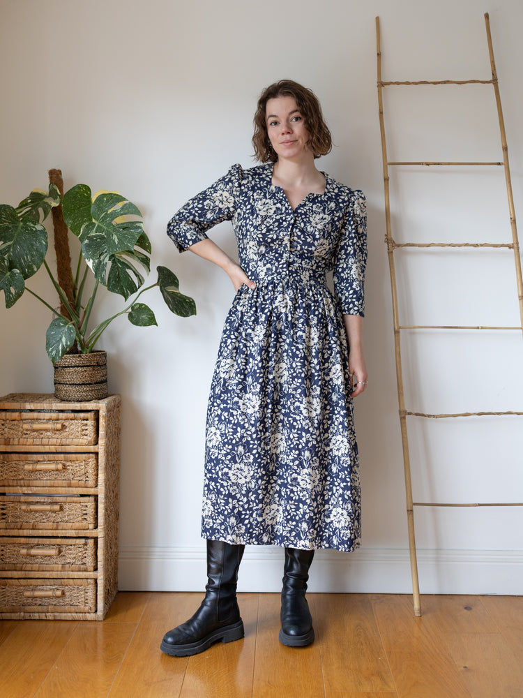 Laura Ashley Navy Floral Midi Dress - M