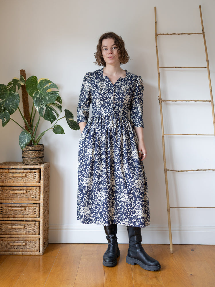 Laura Ashley Navy Floral Midi Dress - M