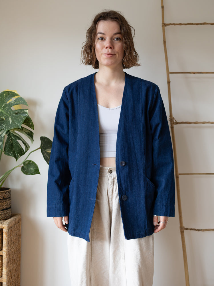 Laura Ashley Indigo Herringbone Collarless Jacket - M/L