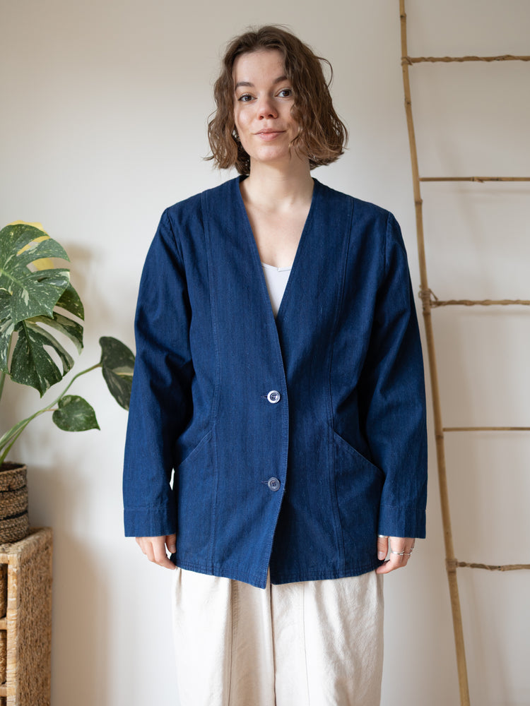 Laura Ashley Indigo Herringbone Collarless Jacket - M/L
