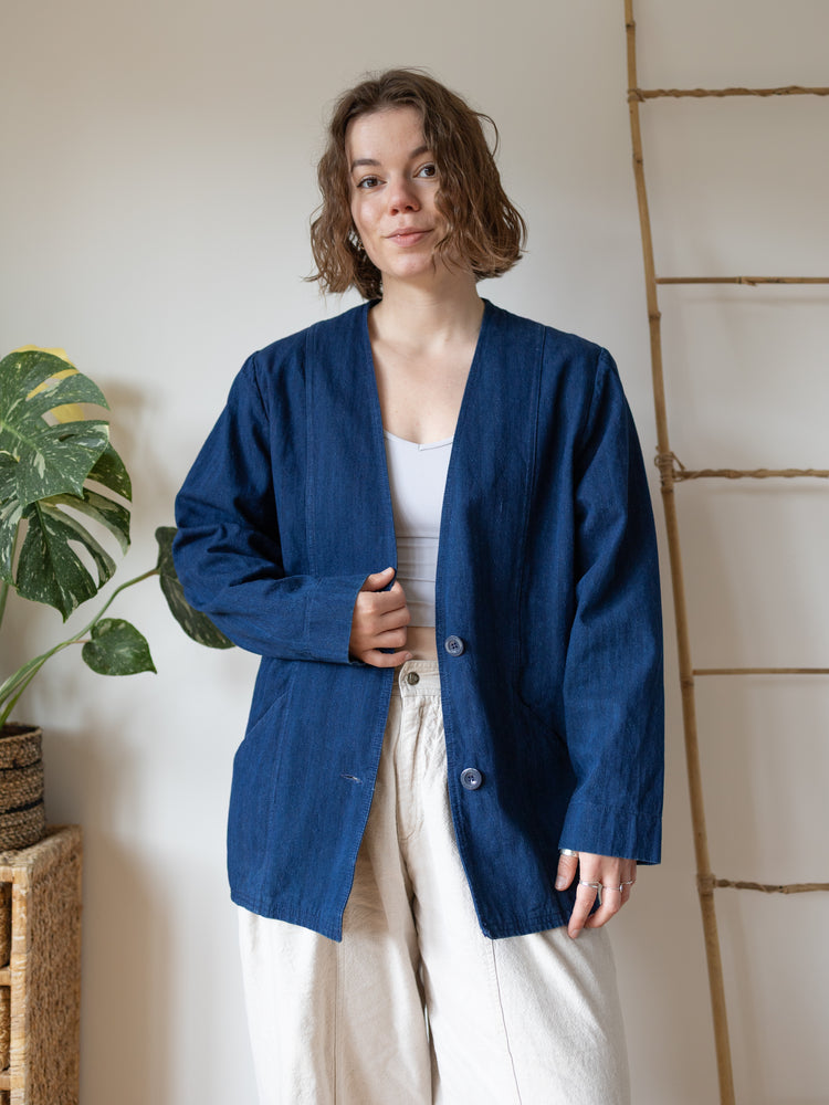 Laura Ashley Indigo Herringbone Collarless Jacket - M/L