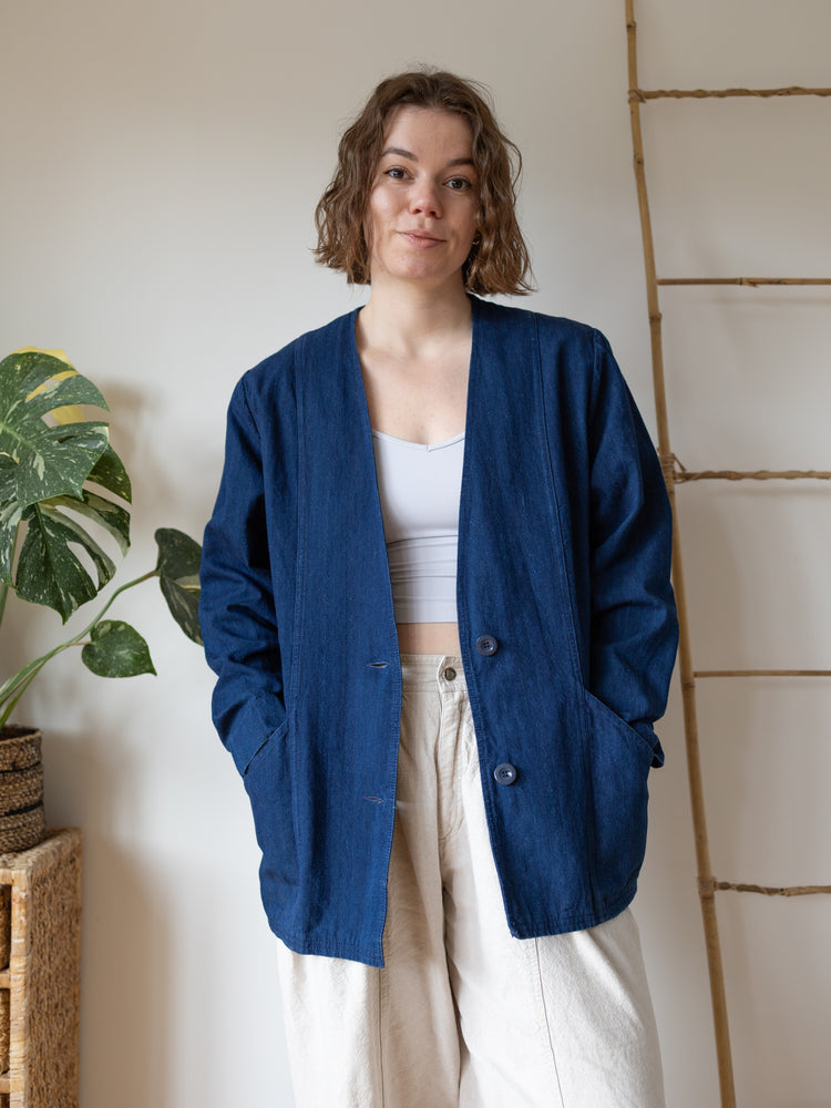 Laura Ashley Indigo Herringbone Collarless Jacket - M/L