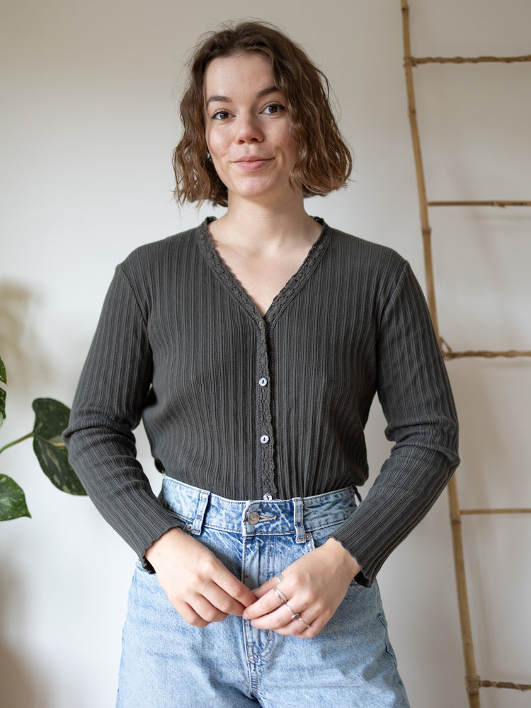 Laura Ashley Khaki Ribbed Cardigan - L