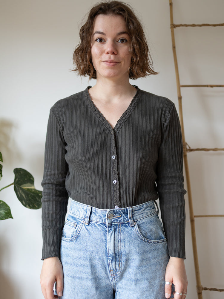 Laura Ashley Khaki Ribbed Cardigan - L