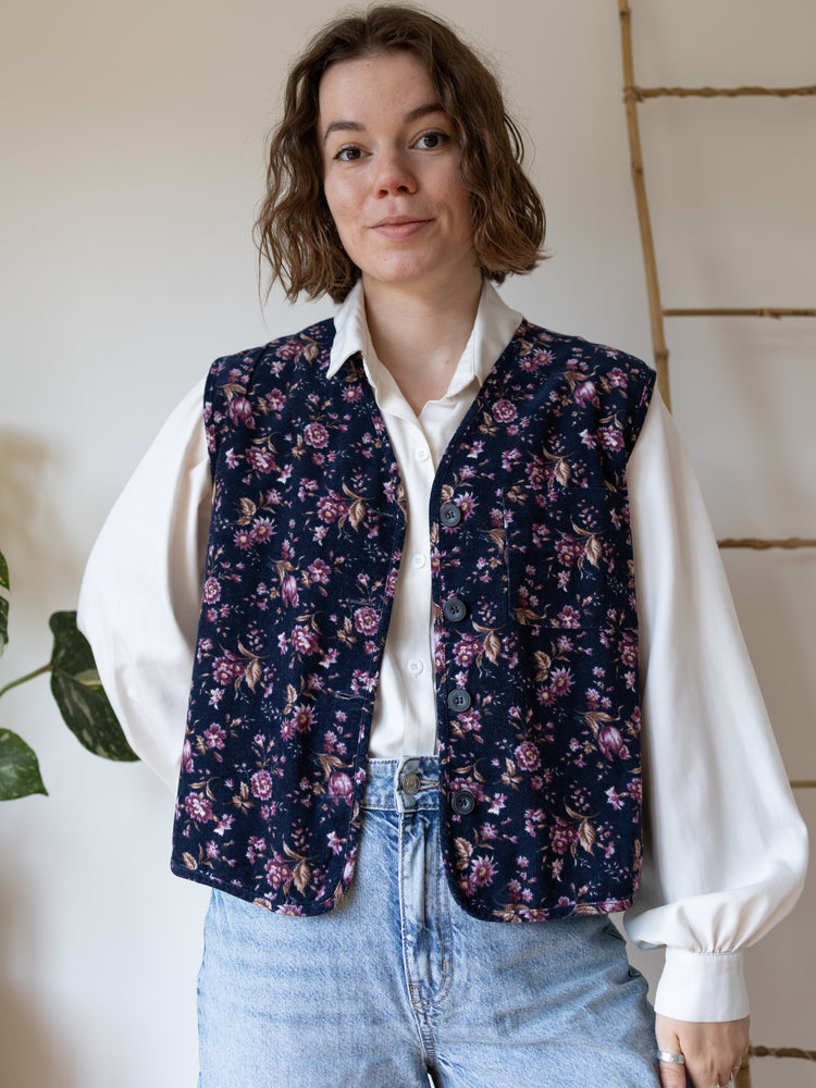 Laura Ashley Navy Ditsy Floral Corduroy Waistcoat - L