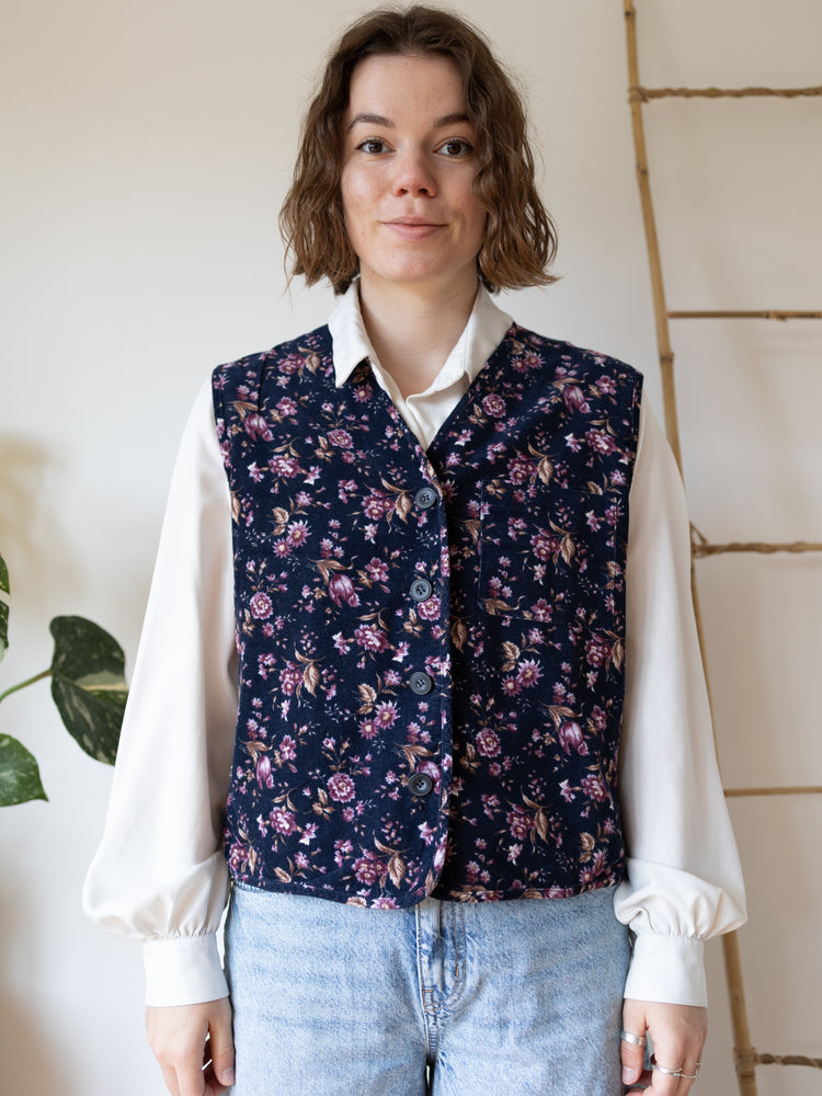Laura Ashley Navy Ditsy Floral Corduroy Waistcoat - L