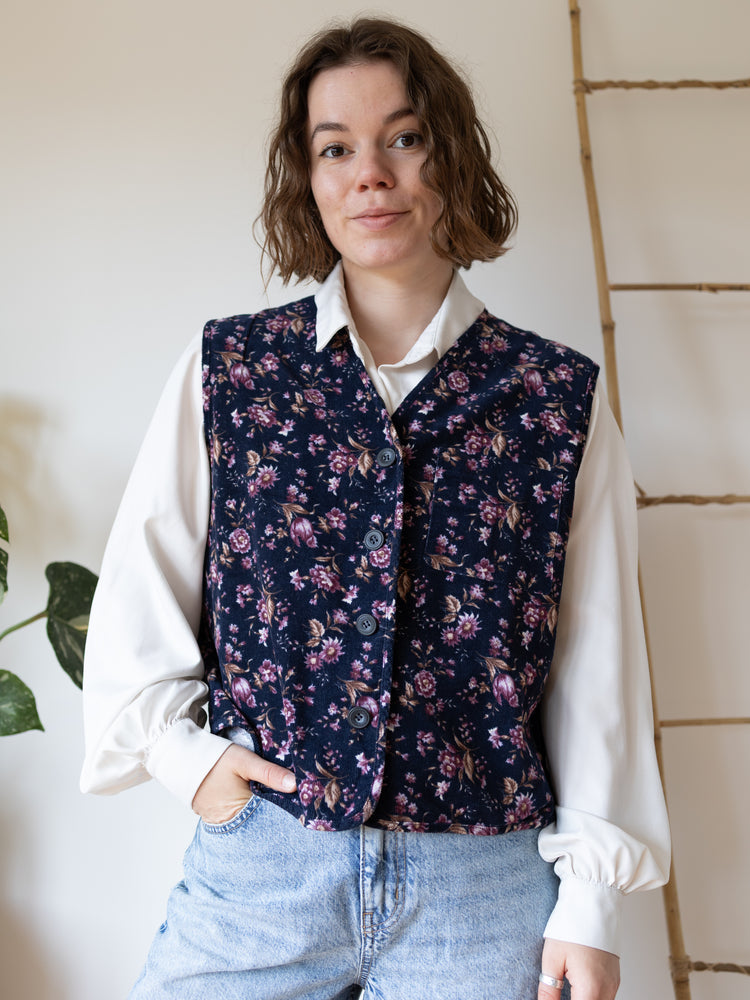 Laura Ashley Navy Ditsy Floral Corduroy Waistcoat - L