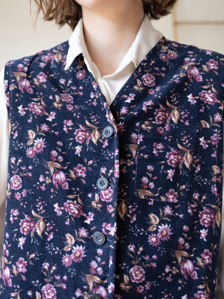 Laura Ashley Navy Ditsy Floral Corduroy Waistcoat - L