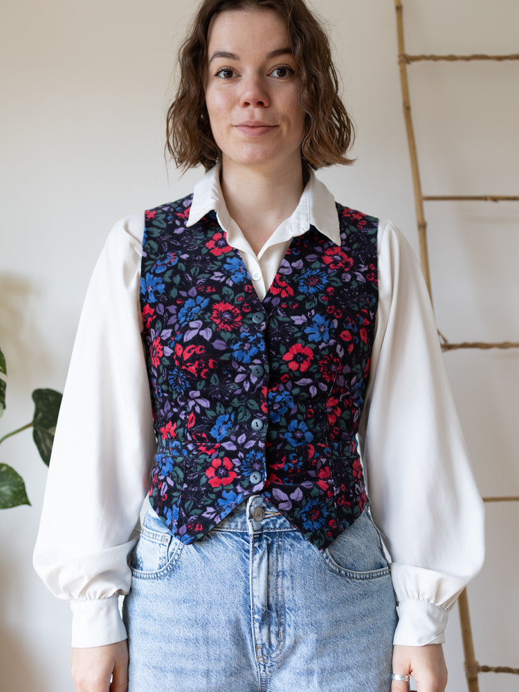 Laura Ashley Black Floral Corduroy Waistcoat - S