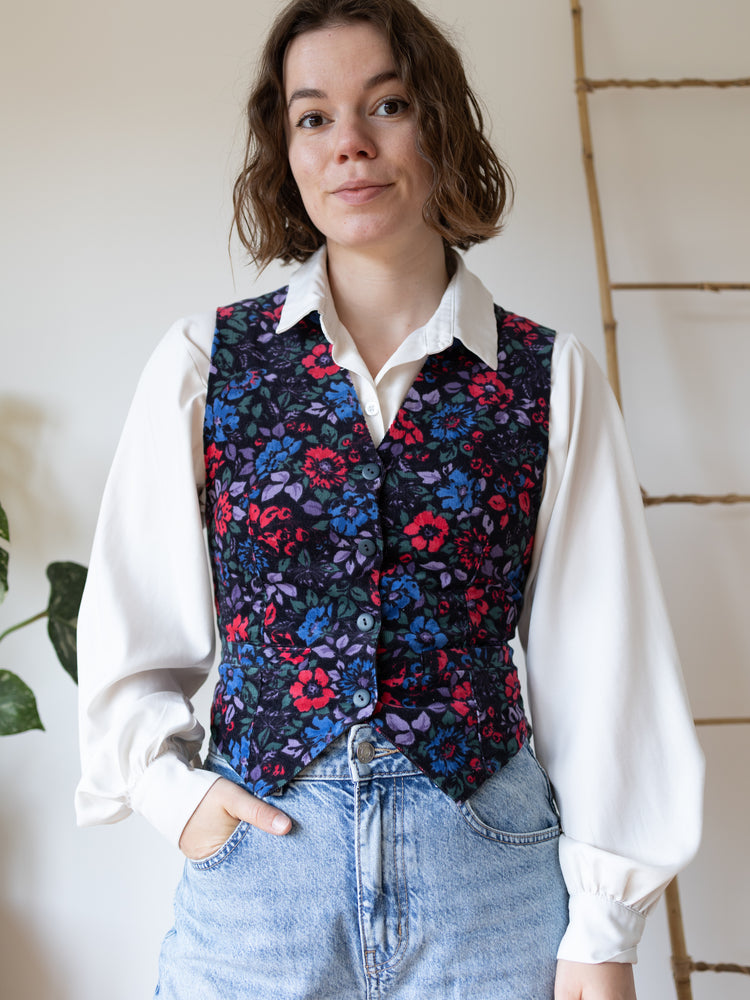 Laura Ashley Black Floral Corduroy Waistcoat - S