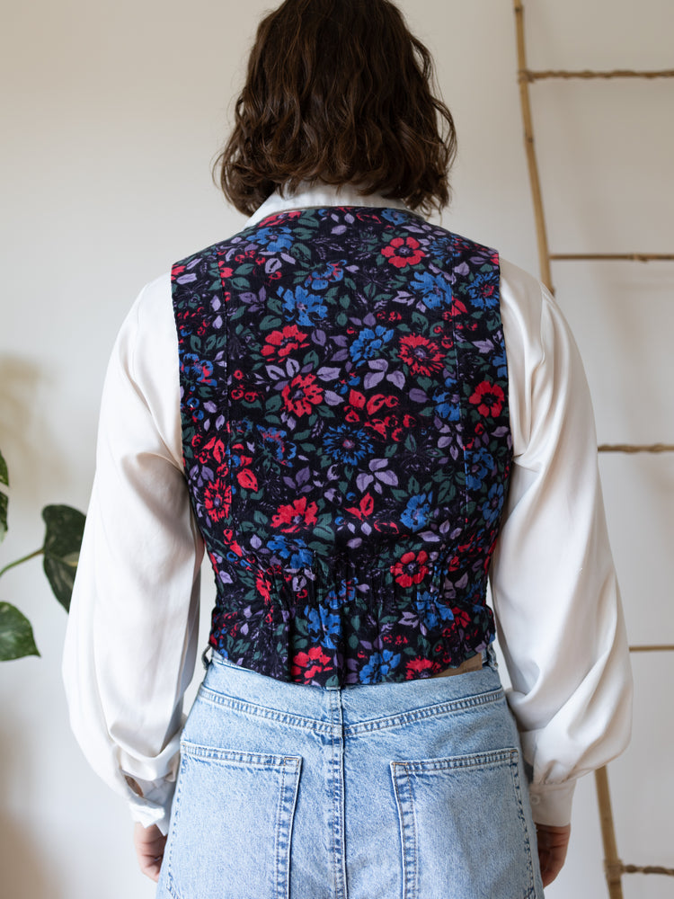 Laura Ashley Black Floral Corduroy Waistcoat - S