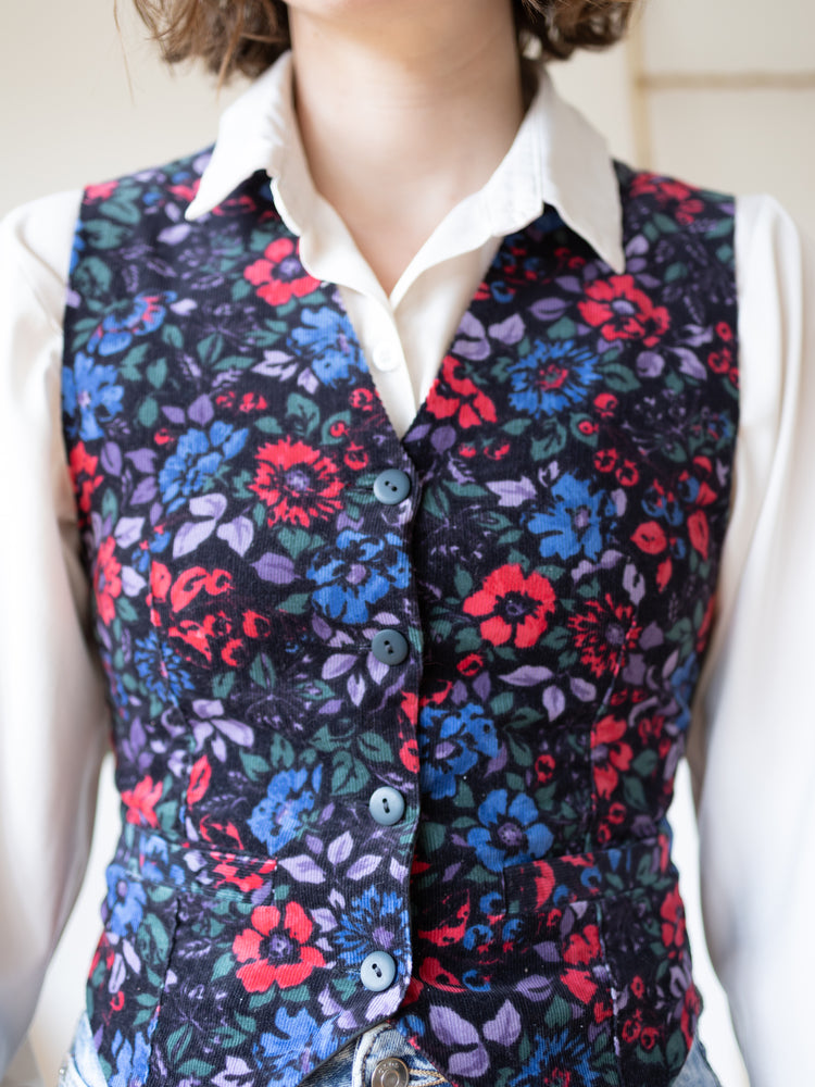 Laura Ashley Black Floral Corduroy Waistcoat - S