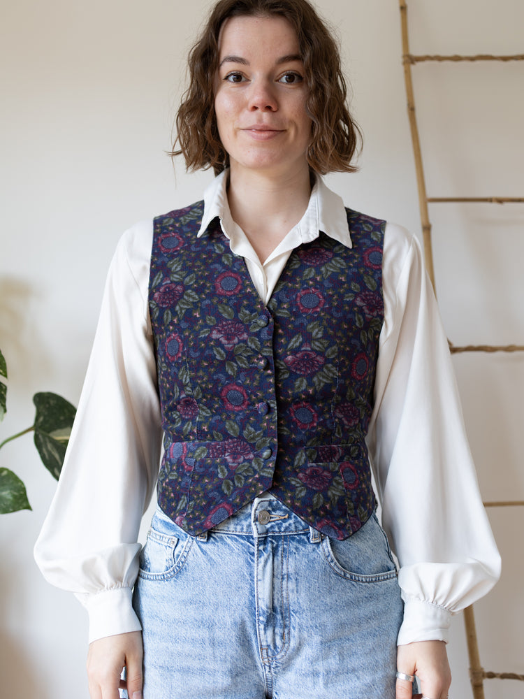 Laura Ashley Navy Floral Corduroy Waistcoat - S