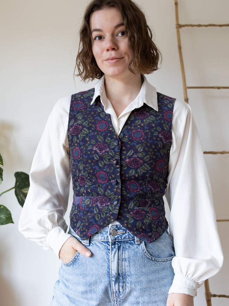Laura Ashley Navy Floral Corduroy Waistcoat - S